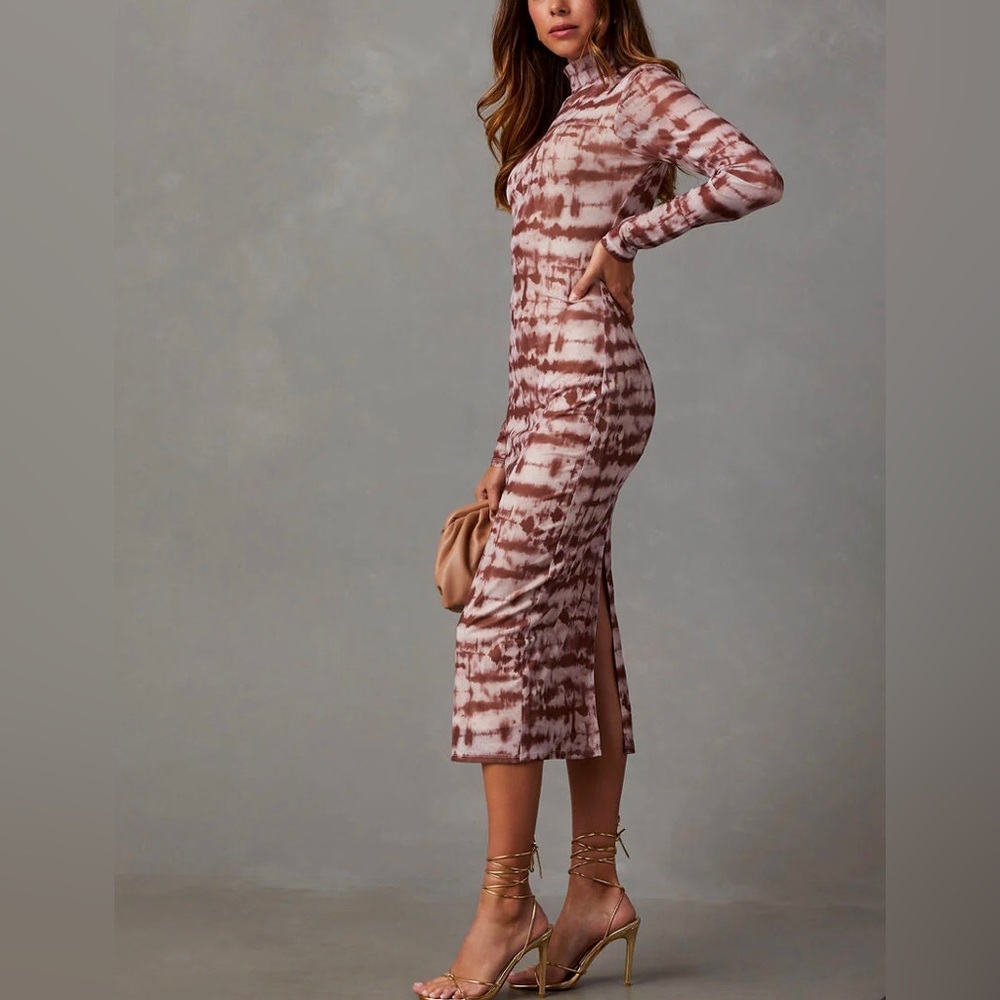 VICI Cortese print mesh fitted midi dress w/mock neckline,back split NEW RE $69 - Picture 3 of 11